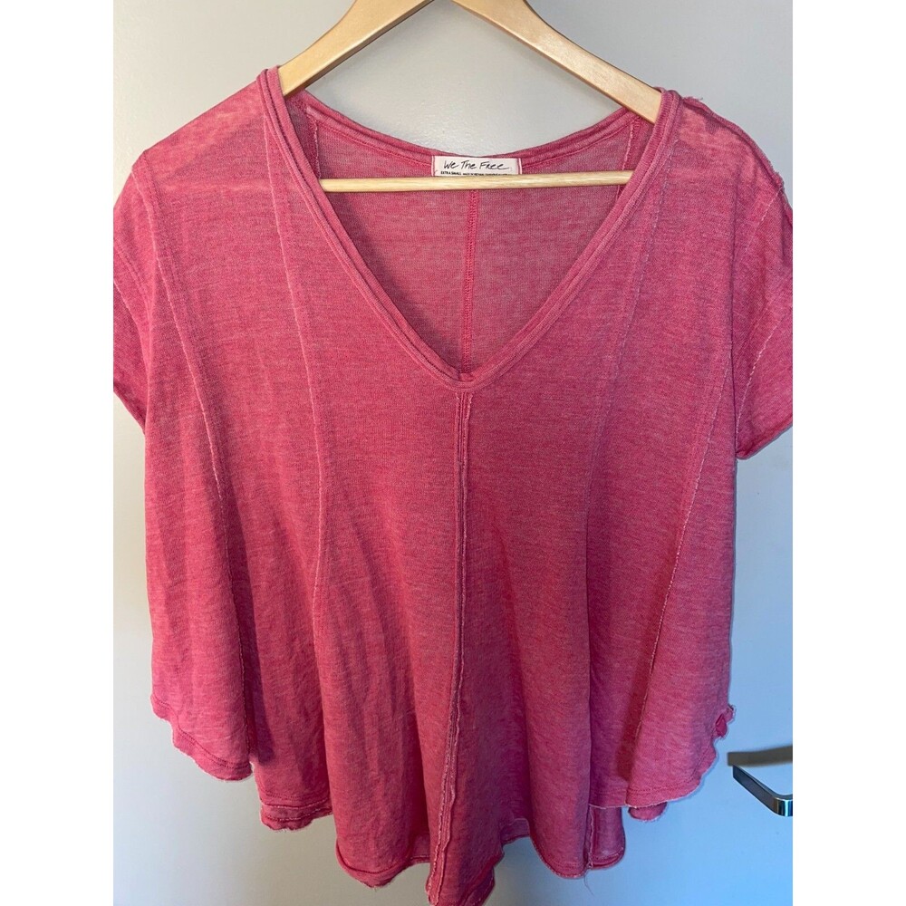 WE THE FREE People Shirt Women's XS Oversized V-neck Pink Top Short Sleeves